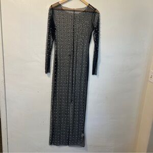 Sheer Black Long Sleeve Rhinestone Pearl Beaded Maxi Dress M